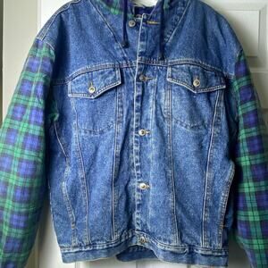 Vintage Fluid Blues Denim and Flannel Hooded Trucker Jacket Quilted Liner Large